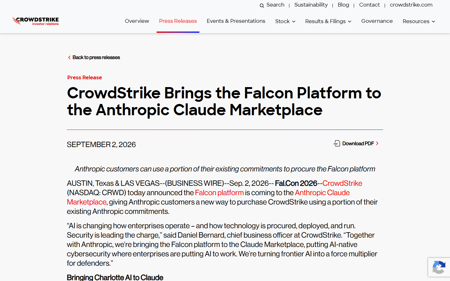 CrowdStrike announcement for the Falcon Platform in the Anthropic Claude Marketplace. Source: CrowdStrike.