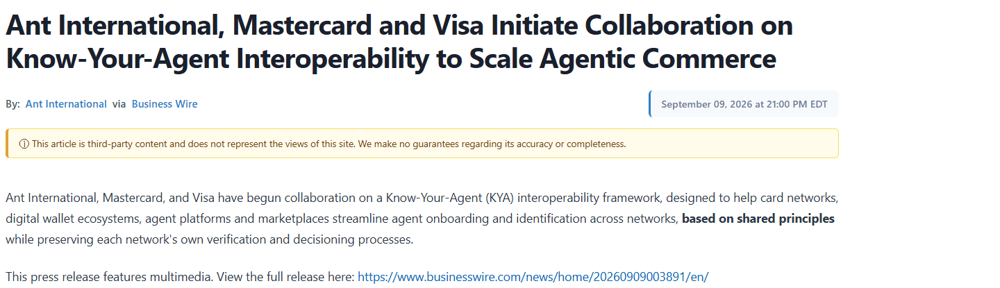 Capture of the Know-Your-Agent collaboration release. Source: Ant International via Business Wire.
