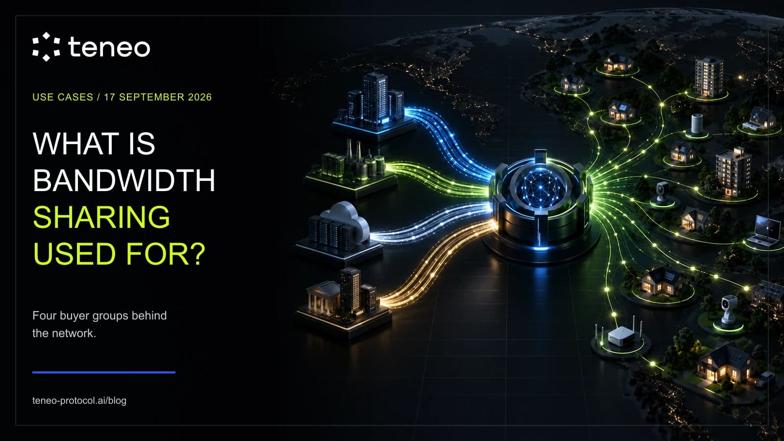 Teneo-branded illustration showing four buyer streams converging into the network and distributing to opted-in connections.