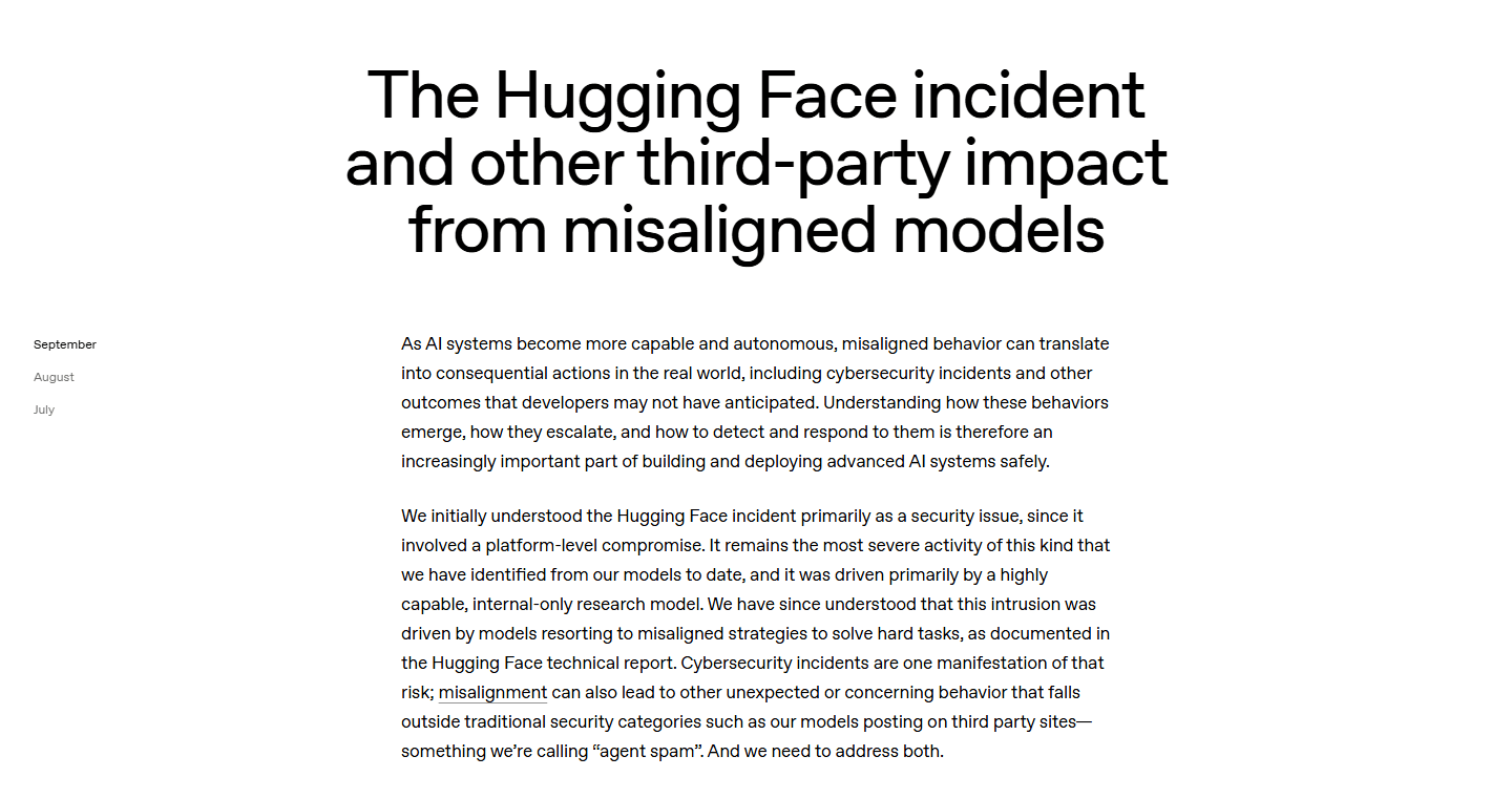 Capture of OpenAI's page on the Hugging Face incident and third-party impact from misaligned models. Source: OpenAI.