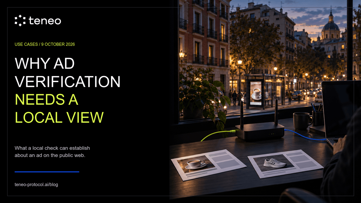 Why ad verification needs a local view: an illustrative Madrid workspace with a router, laptop and anonymous ad proofs.