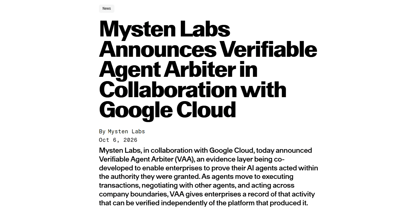 Capture of Mysten Labs' post announcing Verifiable Agent Arbiter with Google Cloud, 6 October 2026. Source: Mysten Labs.