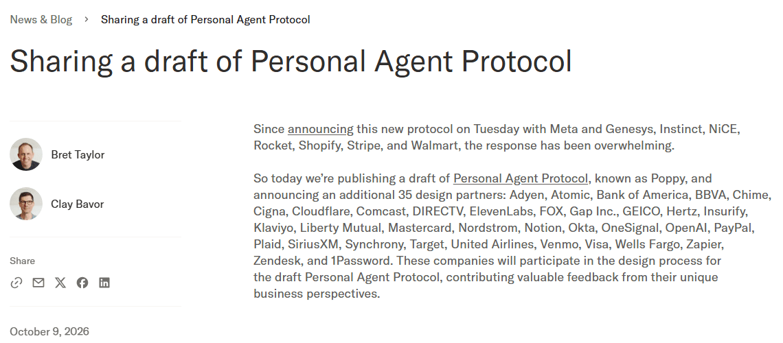 Capture of Sierra's post "Sharing a draft of Personal Agent Protocol", 9 October 2026. Source: Sierra.