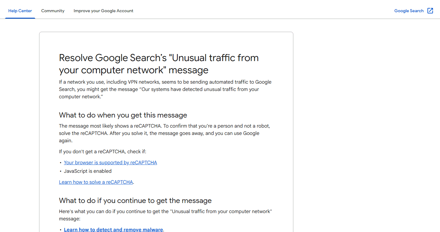 Google's help page on the "unusual traffic" message, which names networks that seem to be sending automated traffic as the trigger. Source: Google.
