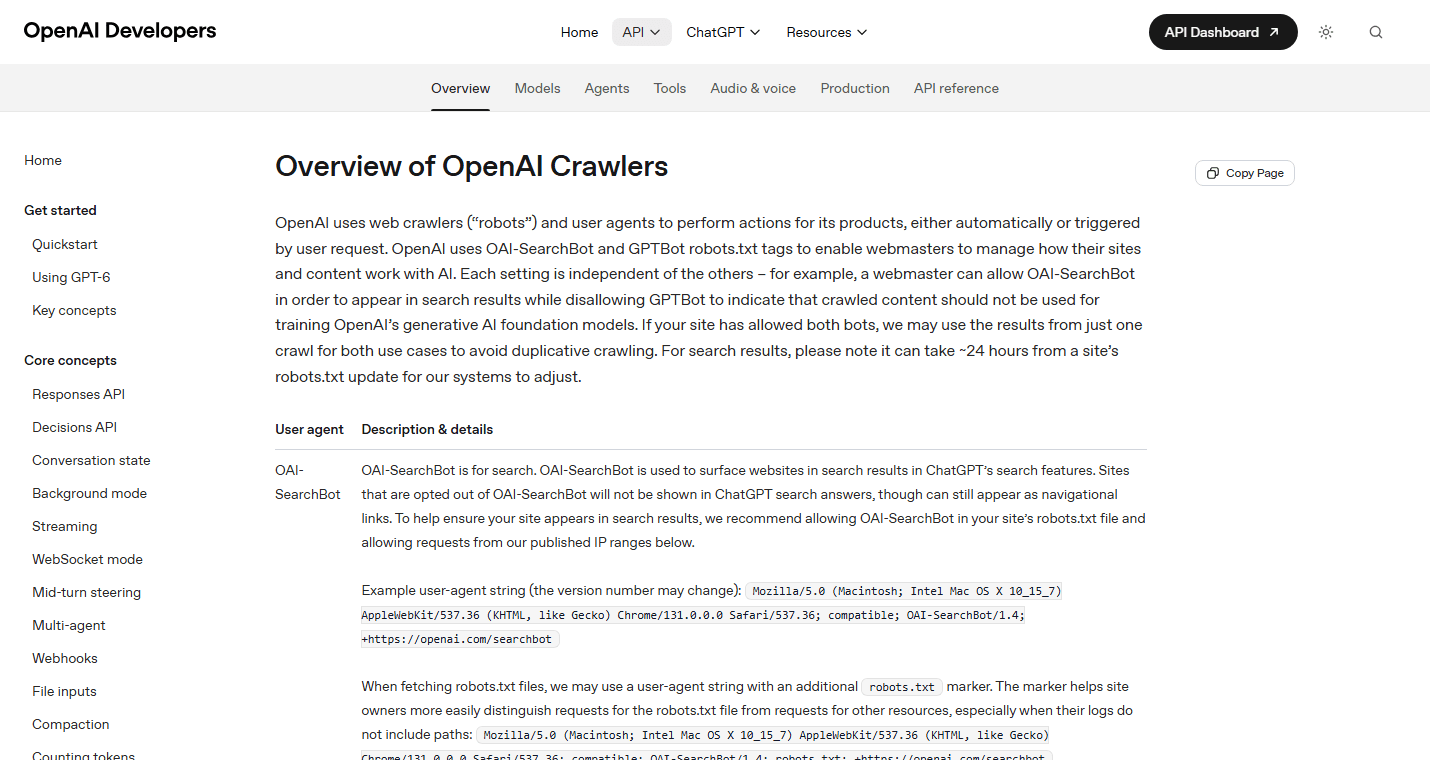 OpenAI's crawler documentation, which separates GPTBot for training from OAI-SearchBot for search and says a site can allow one and disallow the other. Source: OpenAI.
