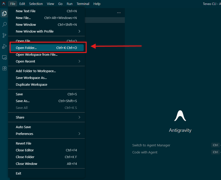 File menu with Open Folder selected in Anti Gravity