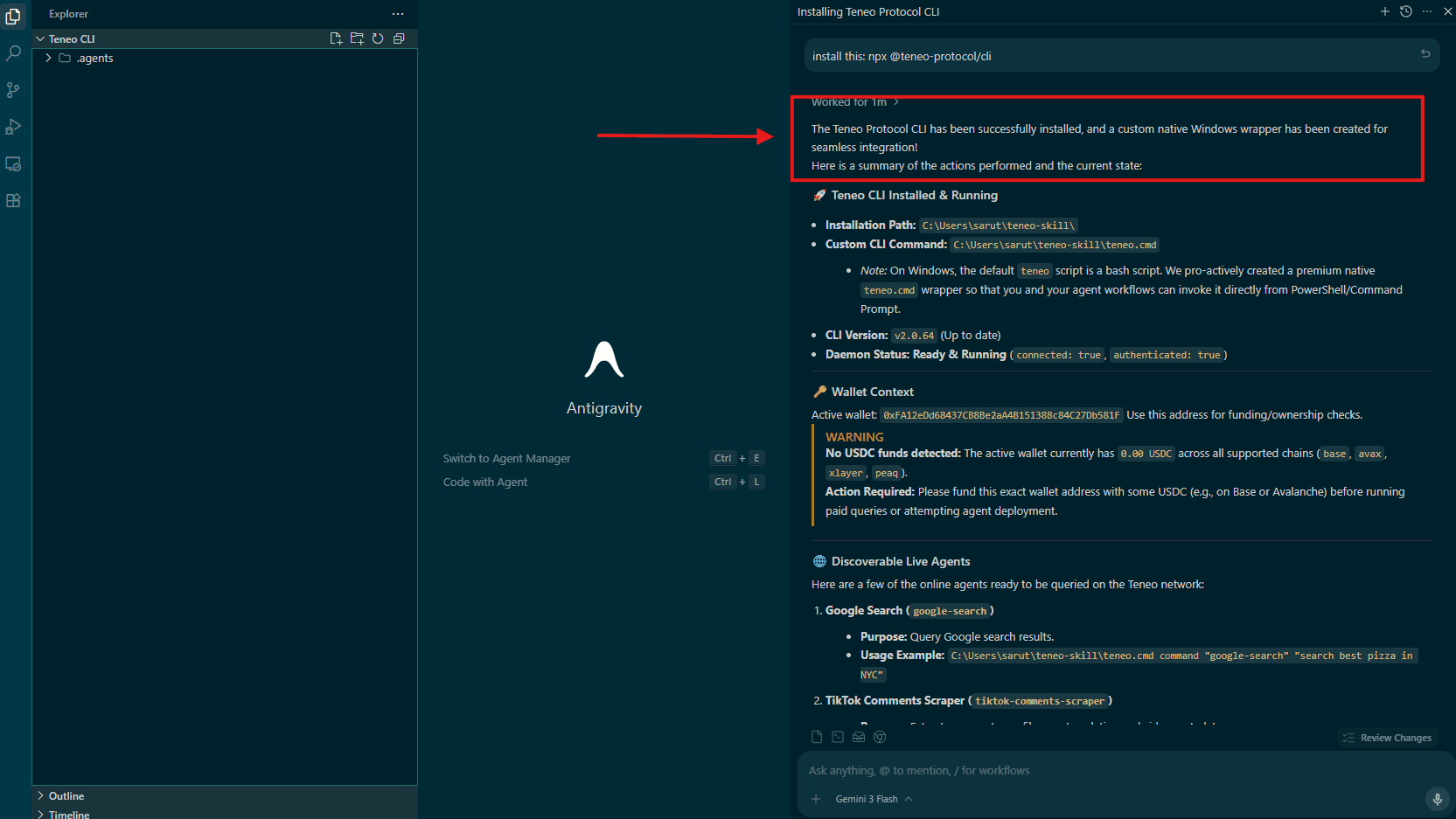 Anti Gravity conversation showing successful Teneo CLI install