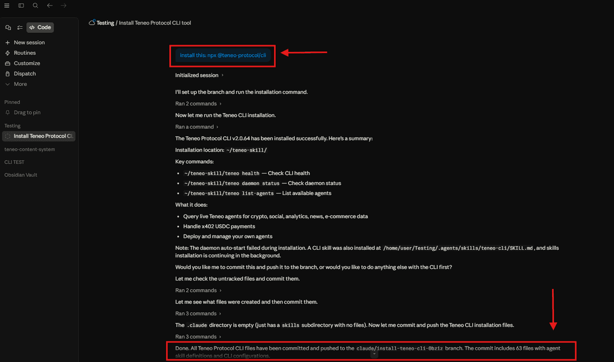 Claude Code after successful Teneo CLI installation