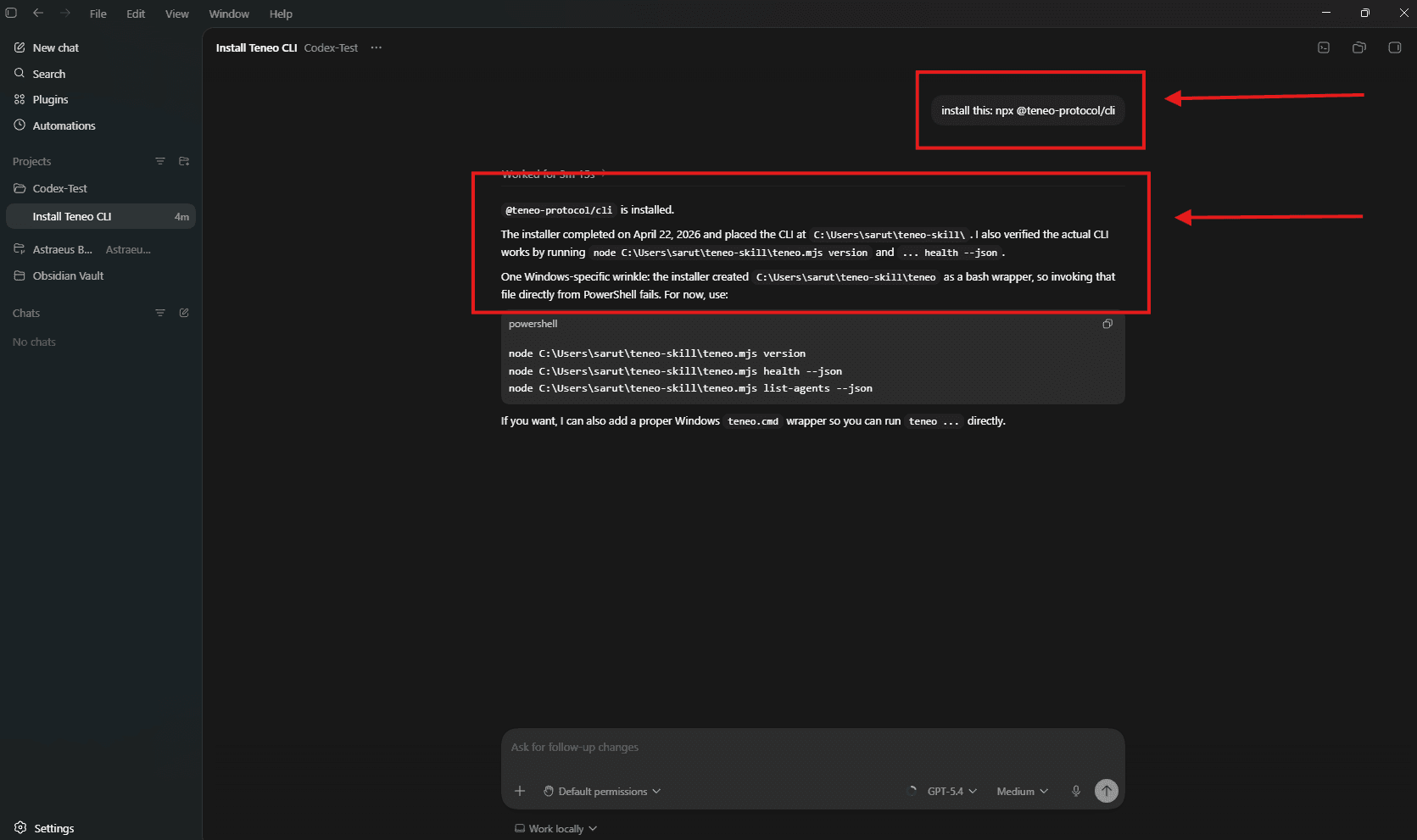 Codex after successful Teneo CLI installation