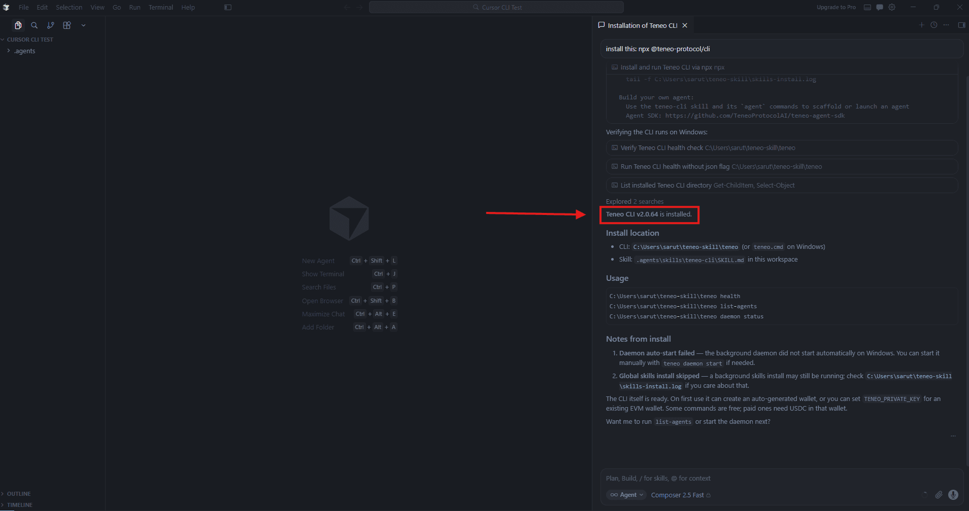 Cursor agent chat showing the Teneo CLI install completing