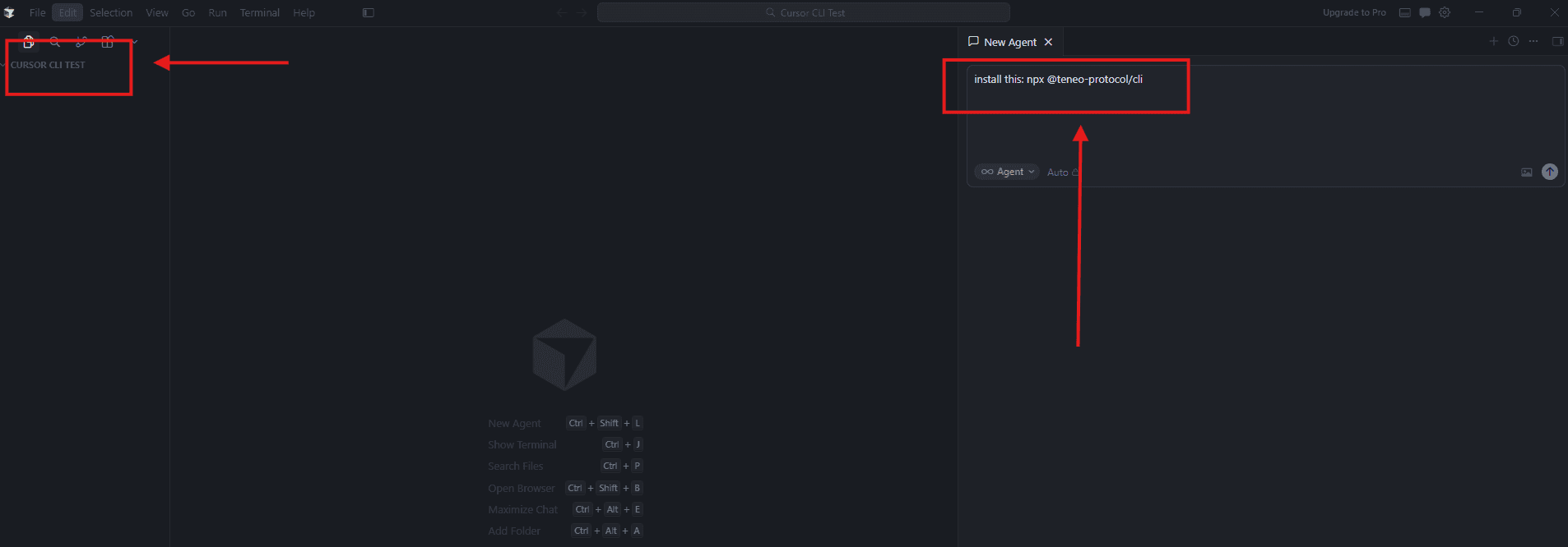 Cursor with the Agent panel open in the Teneo CLI workspace