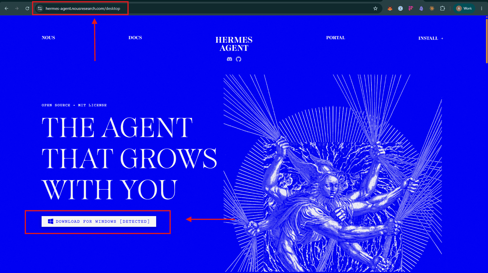 The Hermes AI Agent desktop app download page from Nous Research