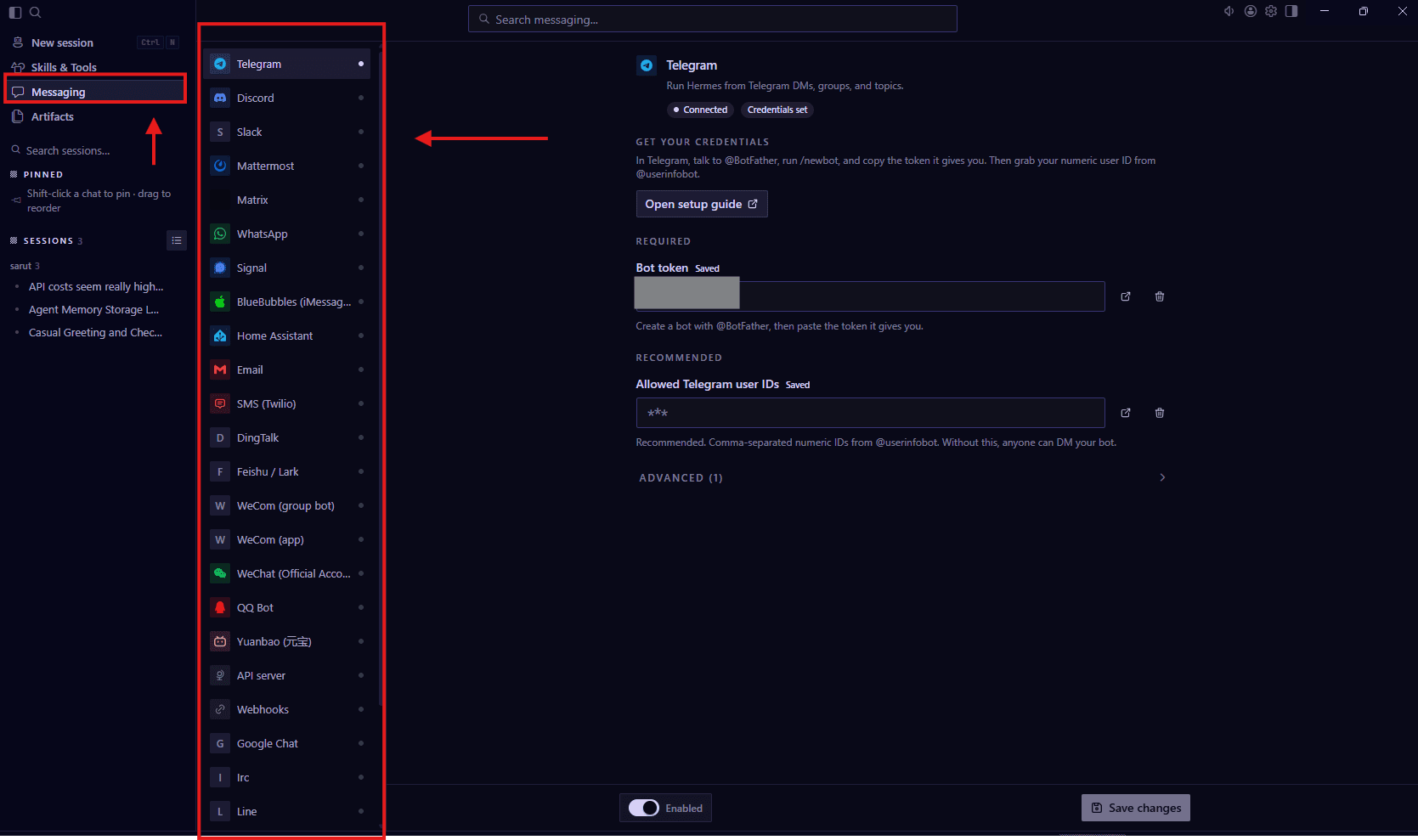 The Hermes Messaging tab with Telegram selected, showing the credentials and bot token fields