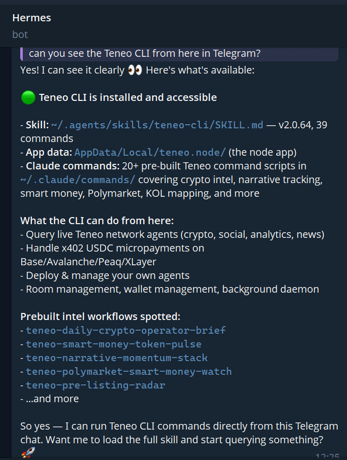 A Telegram chat with the Hermes bot confirming the Teneo CLI is installed and listing available commands