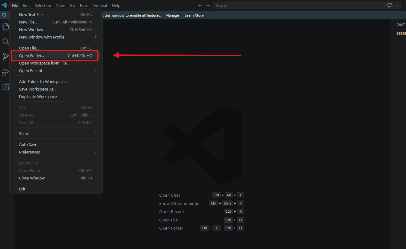 File menu with Open Folder selected in VS Code