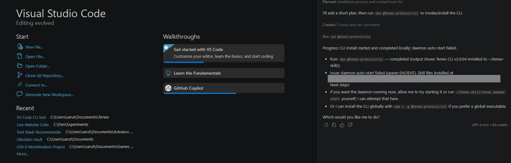 VS Code chat showing the Teneo CLI install running and completing