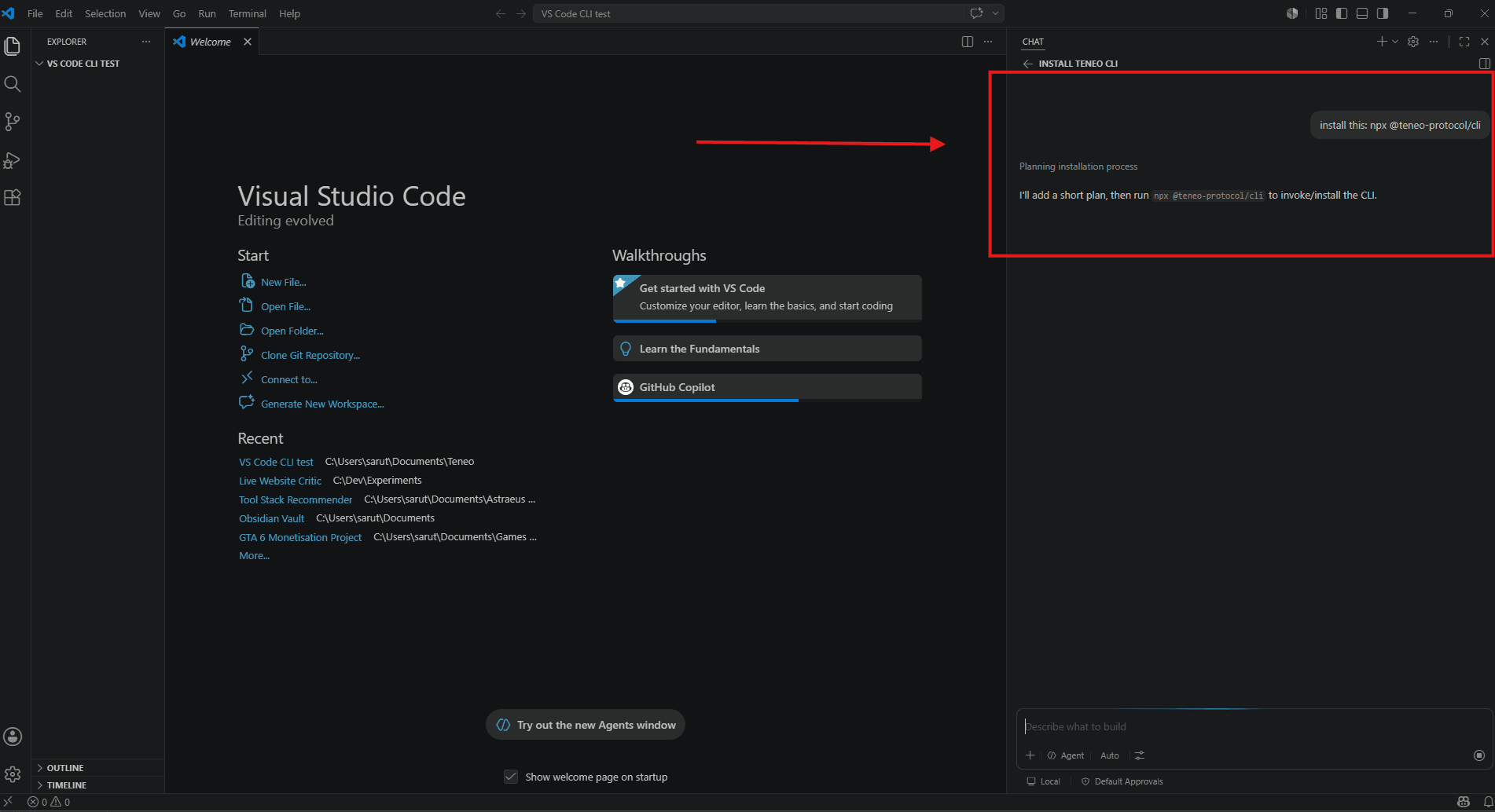 VS Code with the Chat panel open in the Teneo CLI workspace