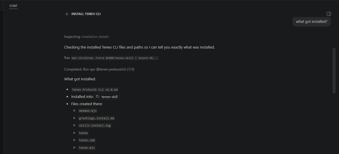 VS Code chat listing the files installed into the teneo-skill folder