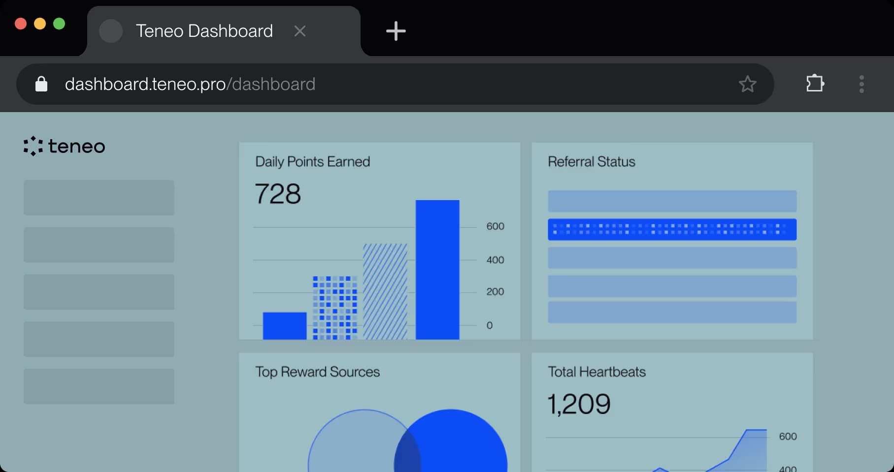 Teneo dashboard: points, referrals, and activity