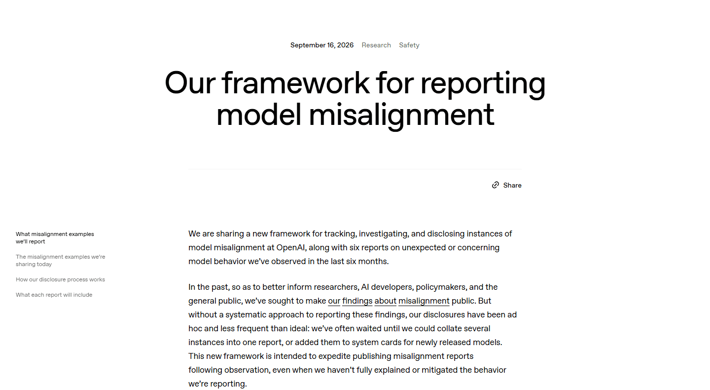 Capture of OpenAI's misalignment reporting framework announcement. Source: OpenAI.