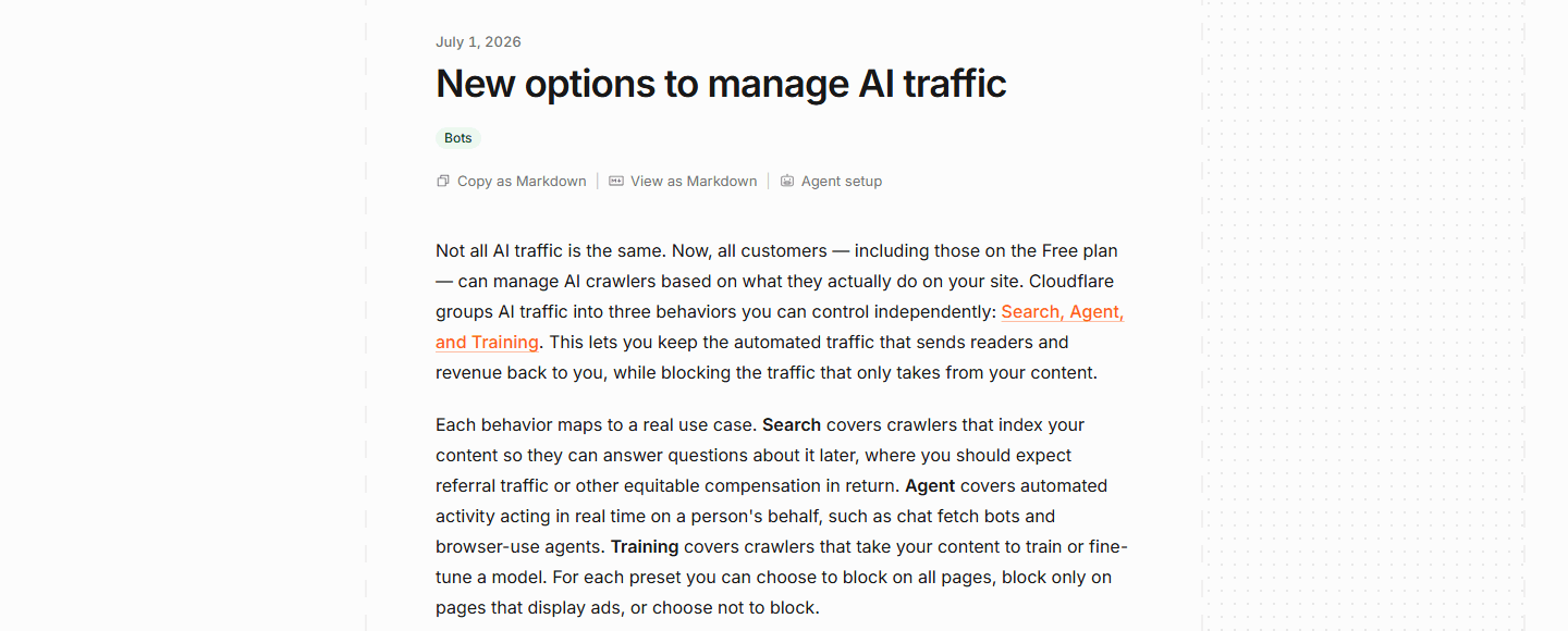 Cloudflare changelog entry setting new AI traffic defaults from 15 September 2026. Source: Cloudflare.