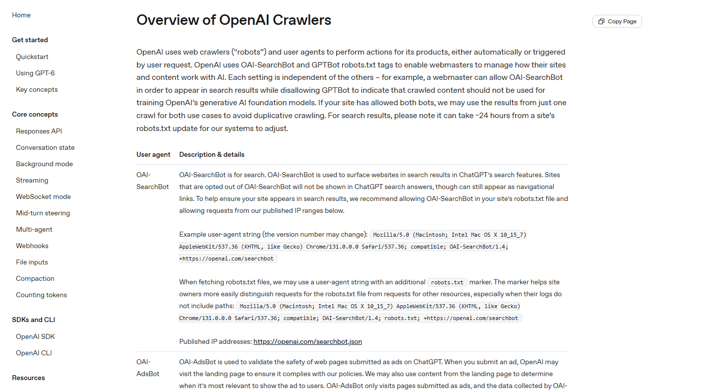 OpenAI's crawler documentation listing OAI-SearchBot, ChatGPT-User and GPTBot. Source: OpenAI.