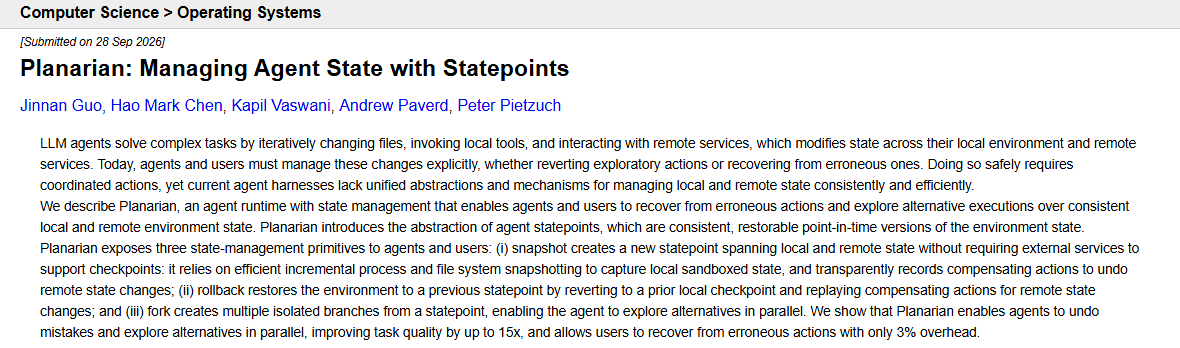 Capture of the arXiv abstract page for "Planarian: Managing Agent State with Statepoints". Source: arXiv.