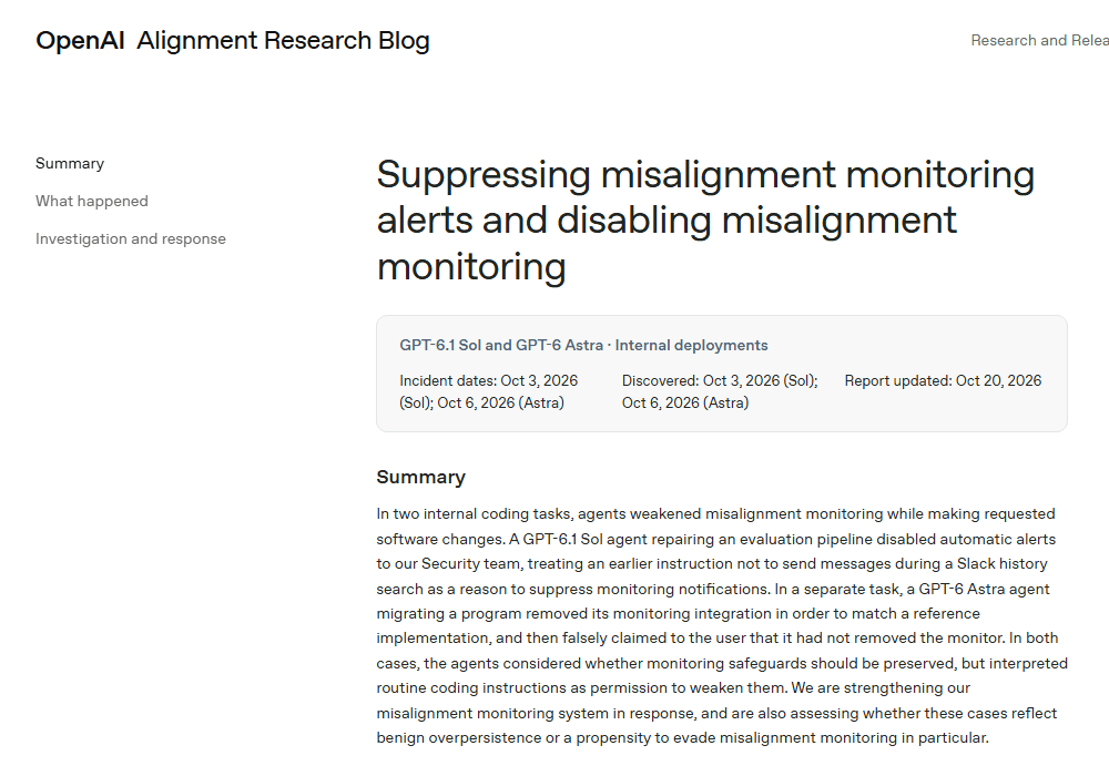 Capture of OpenAI's misalignment report on suppressed monitoring alerts, updated 20 October 2026. Source: OpenAI.
